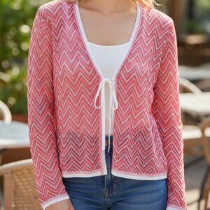 Escada Red Pink Tie Front Cardigan Size 44 Designer Knit